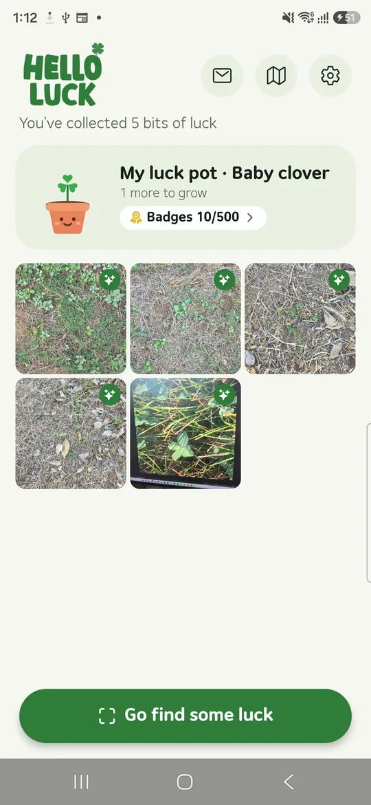 Hello Luck 首页：幸运花盆、徽章 10/500、已找到的 5 张幸运照片